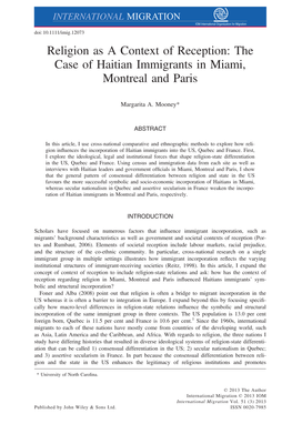 Religion As a Context of Reception: the Case of Haitian Immigrants in Miami, Montreal and Paris