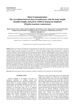 The Correlation Between Foot Circumference with the Body Length, Shoulder Height, and Pelvic Width in Sumatran Elephants (Elephas Maximus Sumatranus)