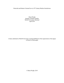 Homicide and Islamic Criminal Law in 19Th Century Muslim Jurisdictions Brian Wright Institute of Islamic Studies Mcgill Universi