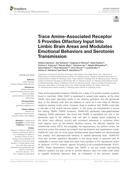 Trace Amine-Associated Receptor 5 Provides Olfactory Input Into Limbic Brain Areas and Modulates Emotional Behaviors and Serotonin Transmission