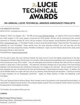 5Th ANNUAL LUCIE TECHNICAL AWARDS ANNOUNCE FINALISTS