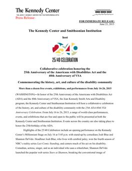 Press Release the Kennedy Center and Smithsonian Institution