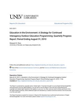 A Strategy for Continued Interagency Outdoor Education Programming: Quarterly Progress Report: Period Ending August 31, 2010