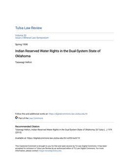 Indian Reserved Water Rights in the Dual-System State of Oklahoma