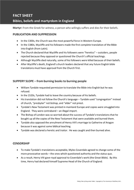 FACT SHEET Bibles, Beliefs and Martyrdom in England