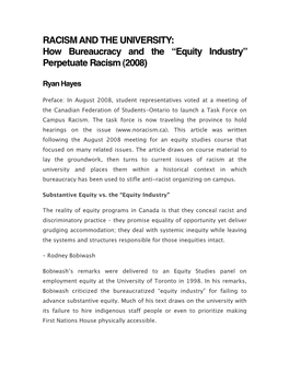 RACISM and the UNIVERSITY: How Bureaucracy and the “Equity Industry” Perpetuate Racism (2008)