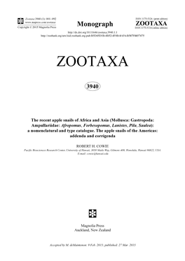 The Recent Apple Snails of Africa and Asia (Mollusca: Gastropoda: Ampullariidae: Afropomus, Forbesopomus, Lanistes, Pila, Saulea): a Nomenclatural and Type Catalogue