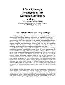 Viktor Rydberg's Investigations Into Germanic Mythology Volume II Part 1: Indo-European Mythology Translated and Annotated by William P