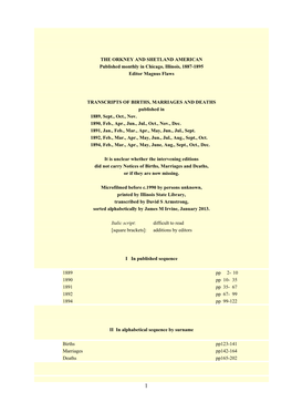 THE ORKNEY and SHETLAND AMERICAN Published Monthly in Chicago, Illinois, 1887-1895 Editor Magnus Flaws