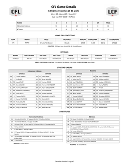 CFL Game Details Edmonton Eskimos @ BC Lions Week #5 - Game #25 - Year 2019 July 11, 2019-22:00 - BC Place