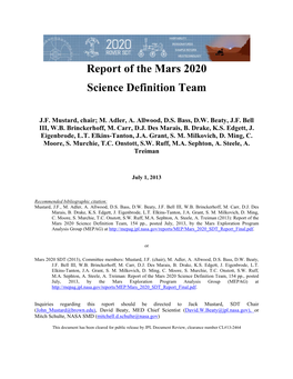 Mars 2020 Science Definition Team Final Report July 1, 2013