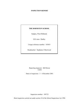 INSPECTION REPORT the DORMSTON SCHOOL Sedgley