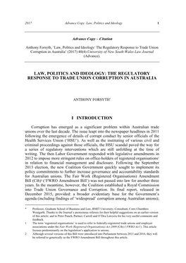 The Regulatory Response to Trade Union Corruption in Australia’ (2017) 40(4) University of New South Wales Law Journal (Advance)