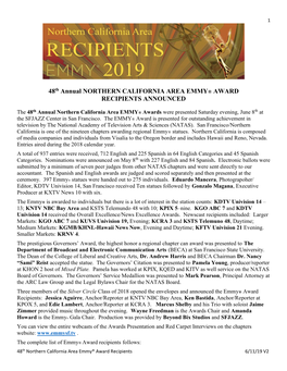 48Th Annual NORTHERN CALIFORNIA AREA EMMY® AWARD RECIPIENTS ANNOUNCED