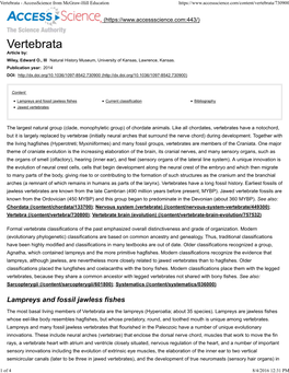 Lampreys and Fossil Jawless Fishes Current Classification Bibliography Jawed Vertebrates