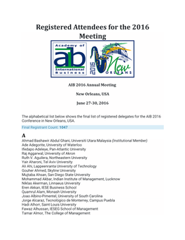 Registered Attendees for the 2016 Meeting