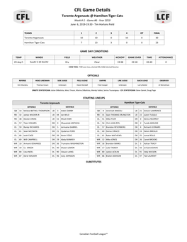 CFL Game Details Toronto Argonauts @ Hamilton Tiger-Cats Week #-1 - Game #6 - Year 2019 June 6, 2019-19:30 - Tim Hortons Field