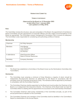 Nominations Committee – Terms of Reference