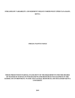 Streamflow Variability and Sediment Yield in North-West Upper Tana Basin, Kenya