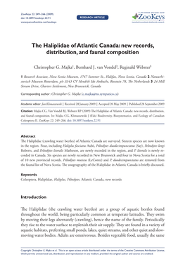 The Haliplidae of Atlantic Canada: New Records, Distribution, and Faunal Composition