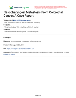 Nasopharyngeal Metastasis from Colorectal Cancer: a Case Report