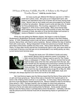 75 Years of Mystery Unfolds, Part IX: a Tribute to the Original “Carolyn Keene” ©2005 by Jennifer Fisher