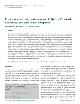 Plant Species Diversity and Assessment in Quezon Protected Landscape, Southern Luzon, Philippines