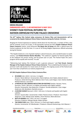 Sydney Film Festival Returns to Hayden Orpheum Picture Palace Cremorne