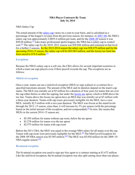 NBA Player Contracts by Team July 14, 2014