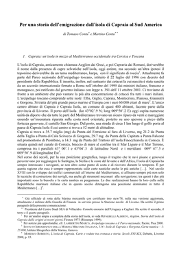Per Una Storia Dell'emigrazione Dall'isola Di Capraia Al Sud America