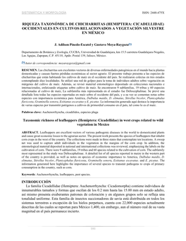 Riqueza Taxonómica De Chicharritas (Hemiptera: Cicadellidae) Occidentales En Cultivos Relacionados a Vegetación Silvestre En México