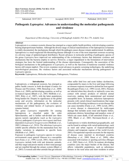 Pathogenic Leptospira: Advances in Understanding the Molecular Pathogenesis and Virulence