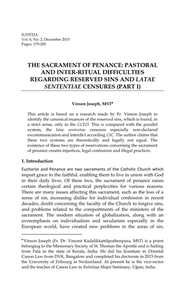 Pastoral and Inter-Ritual Difficulties Regarding Reserved Sins and Latae Sententiae Censures (Part I)