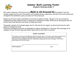 Summer Math Learning Packet Students Entering Grade 4