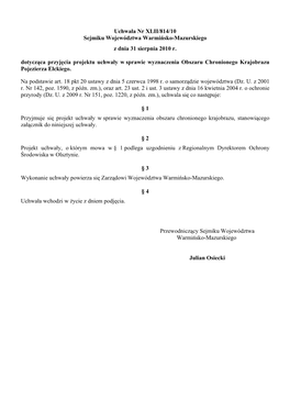 Uchwała Nr XLII/814/10 Sejmiku Województwa Warmińsko-Mazurskiego Z Dnia 31 Sierpnia 2010 R. Dotycząca Przyjęcia Projektu Uc