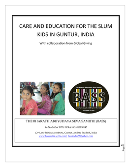 Care and Education for the Slum Kids in Guntur, India