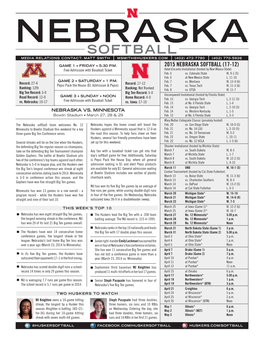 Softball Media Relations Contact: Matt Smith Msmith@Huskers.Com (402) 472-7780 (402) 770-5926