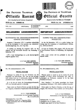 Transvaal Provincial Gazette Vol 215 No 3648 Dated 22 August 1973