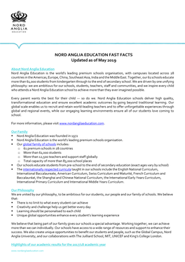 NORD ANGLIA EDUCATION FAST FACTS Updated As of May 2019