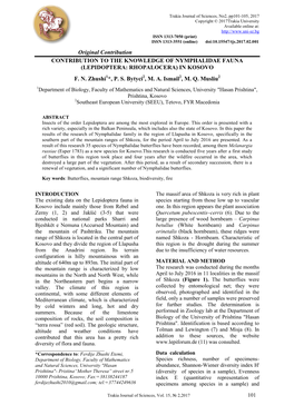 Original Contribution CONTRIBUTION to the KNOWLEDGE of NYMPHALIDAE FAUNA (LEPIDOPTERA: RHOPALOCERA) in KOSOVO F. N. Zhushi *, P