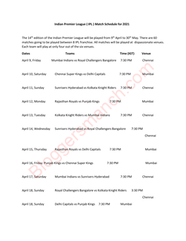 Indian Premier League ( IPL ) Match Schedule for 2021