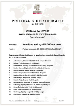 PRILOGA K CERTIFIKATU Št