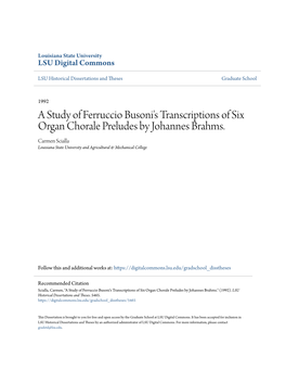 A Study of Ferruccio Busoni's Transcriptions of Six Organ Chorale Preludes by Johannes Brahms