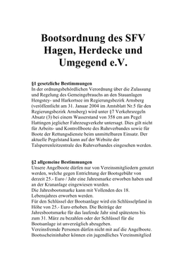 Bootsordnung Des SFV Hagen, Herdecke Und Umgegend E.V