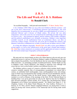 J. B. S. the Life and Work of J. B. S. Haldane by Ronald Clark