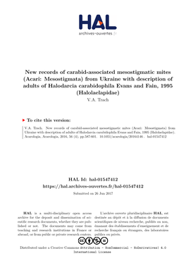 Acari: Mesostigmata) from Ukraine with Description of Adults of Halodarcia Carabidophila Evans and Fain, 1995 (Halolaelapidae) V.A