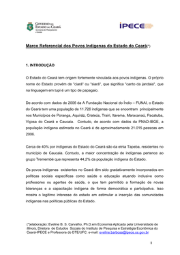 Marco Referencial Dos Povos Indígenas Do Estado Do Ceará(*)