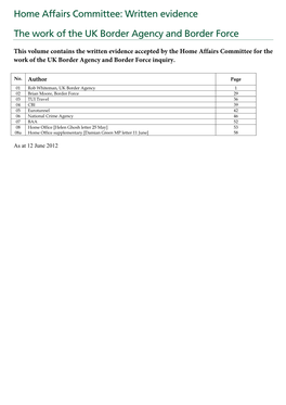 Home Affairs Committee: Written Evidence the Work of the UK