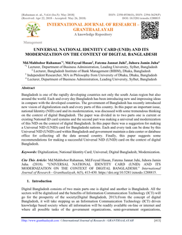 Universal National Identity Card (Unid) and Its Modernization on the Context of Digital Bangladesh