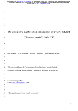 Do Atmospheric Events Explain the Arrival of an Invasive Ladybird (Harmonia Axyridis) in The